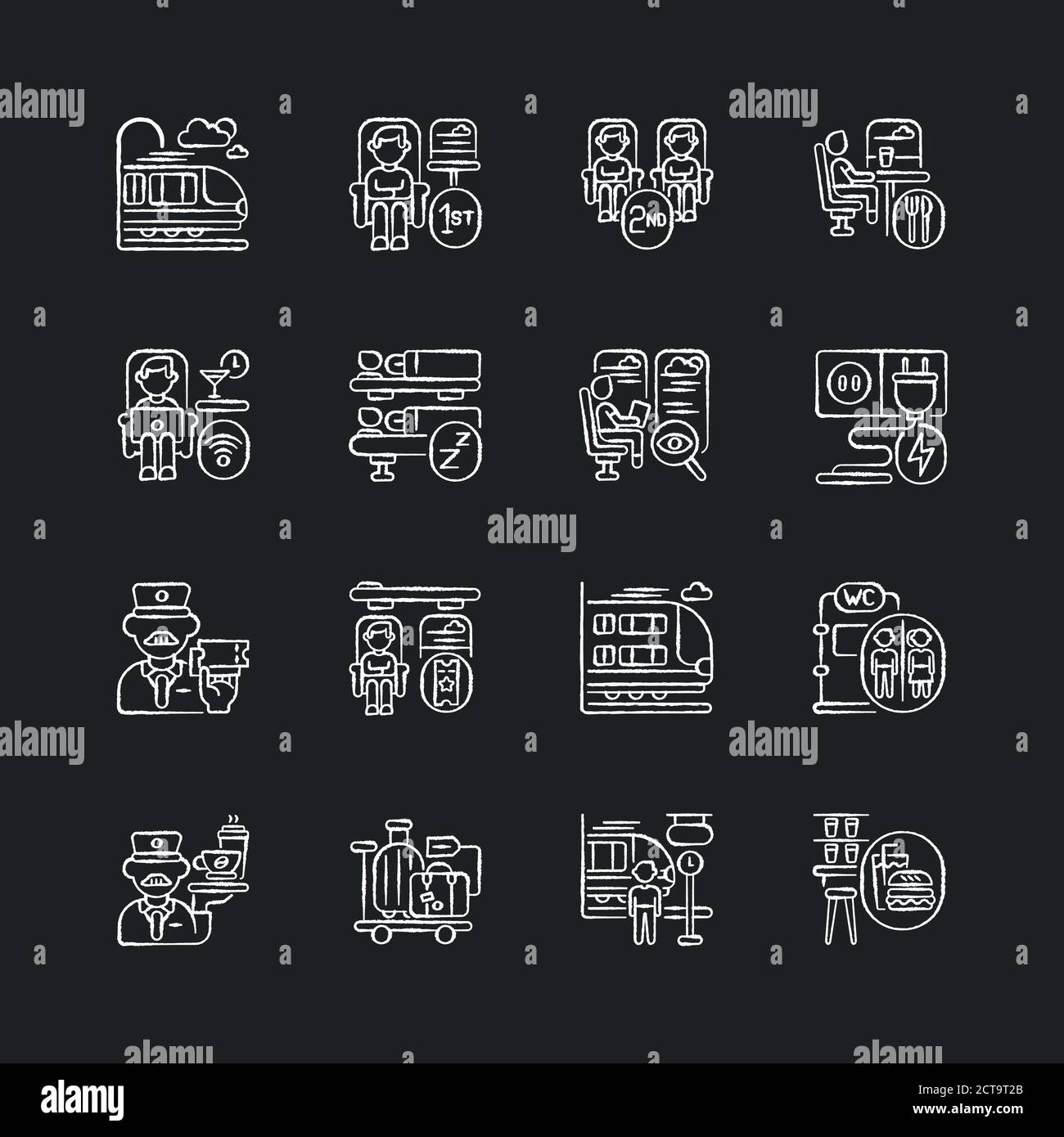 Train services chalk white icons set on black background Stock Vector