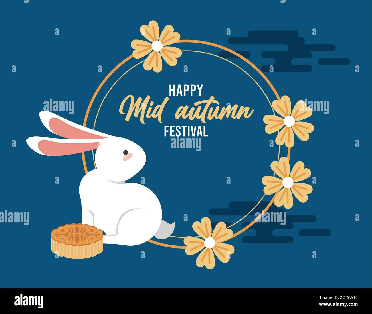 happy mid autumn lettering card with rabbit and flowers circular frame ...