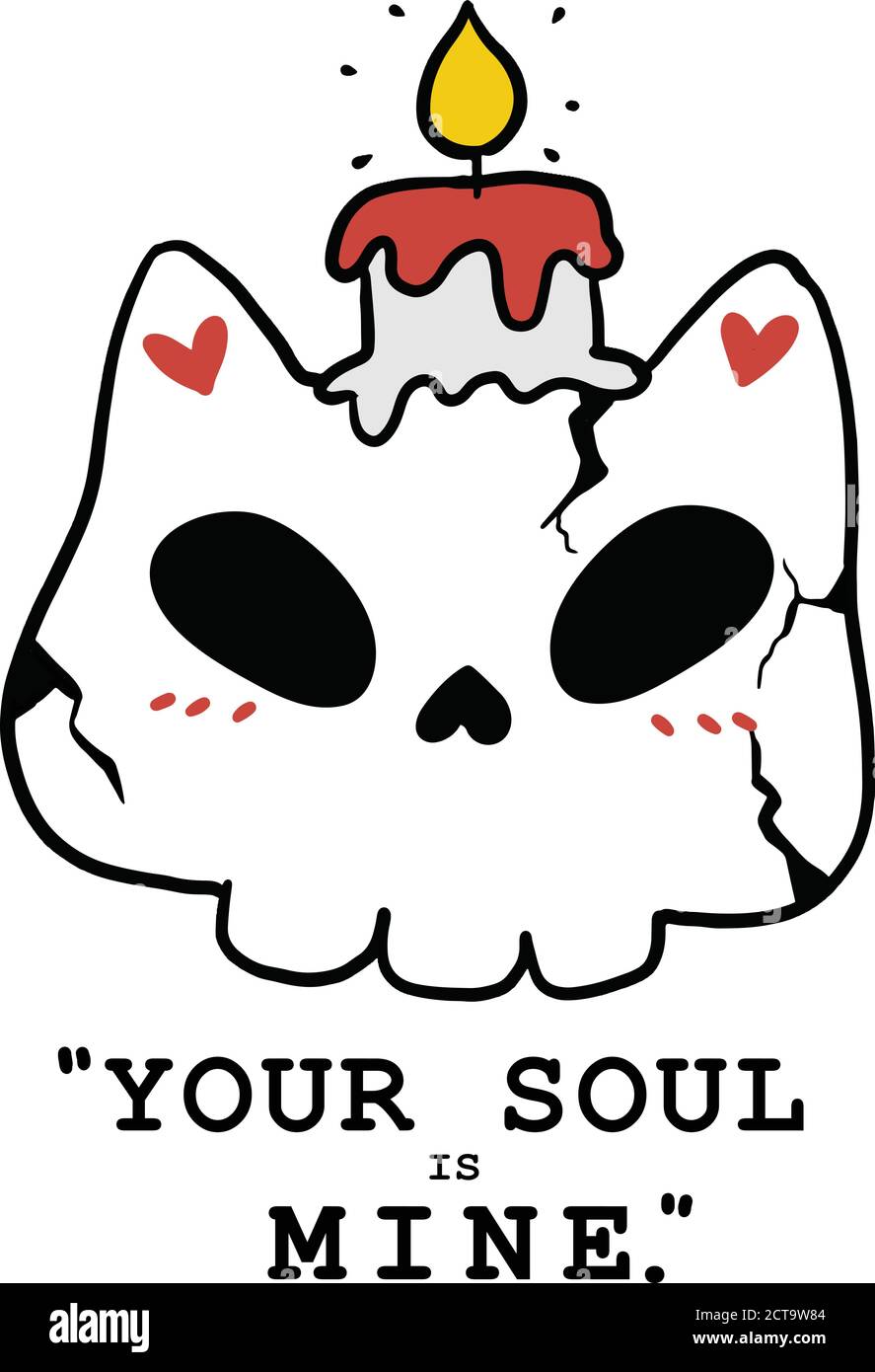 cute skull cat with candle black and white doodle Halloween your soul is mine, idea for cat lover, cat slave, kdp, sticker print, sublimation Stock Vector