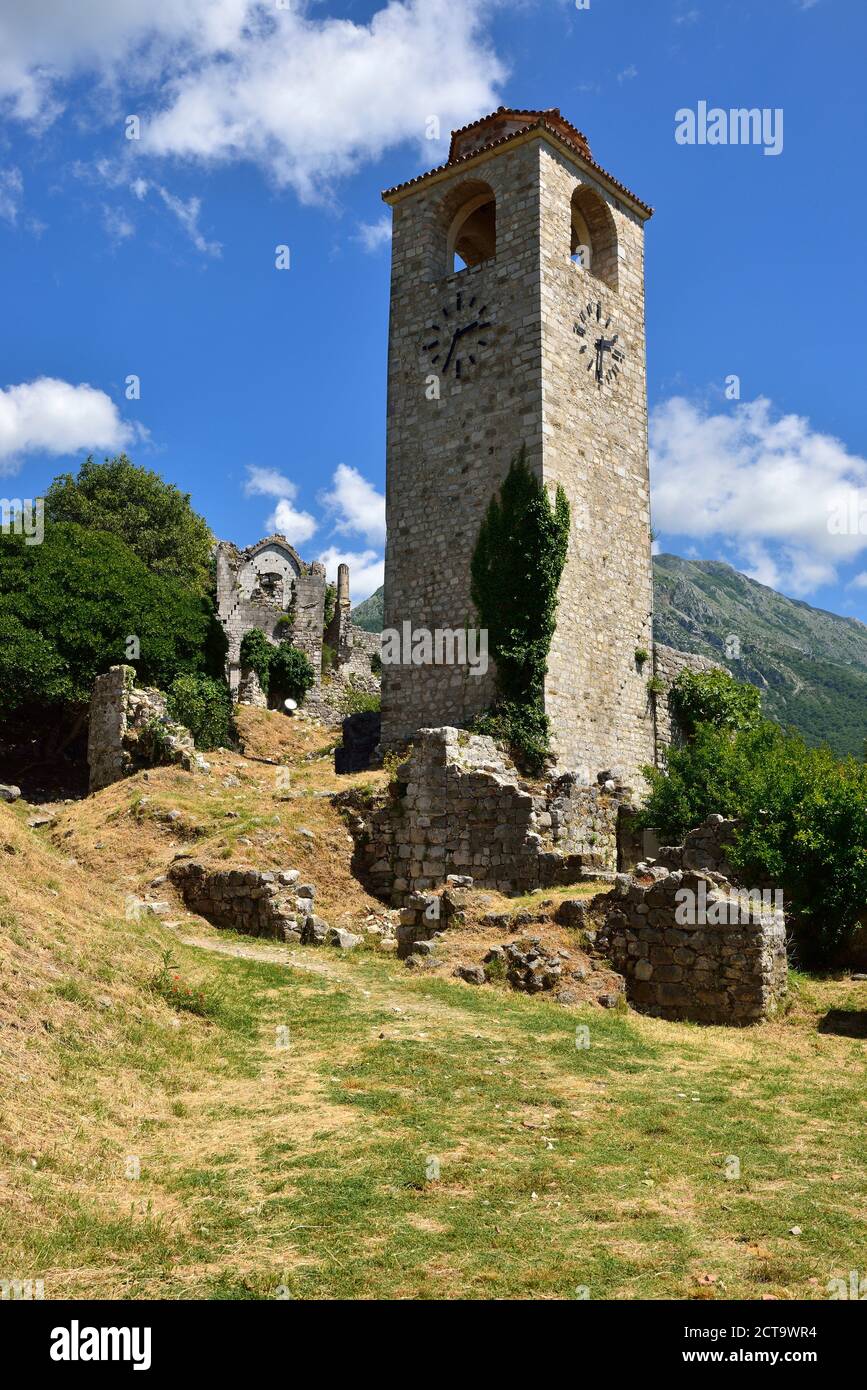Montenegro, Crna Gora, church tower in the historic settlement of Stari Bar Stock Photo