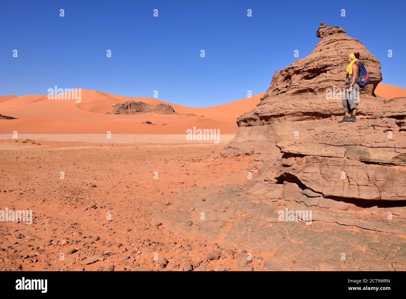 Algeria, Sahara, Tassili N'Ajjer National Park, Woman standing on rock in Tin Merzouga Stock Photo