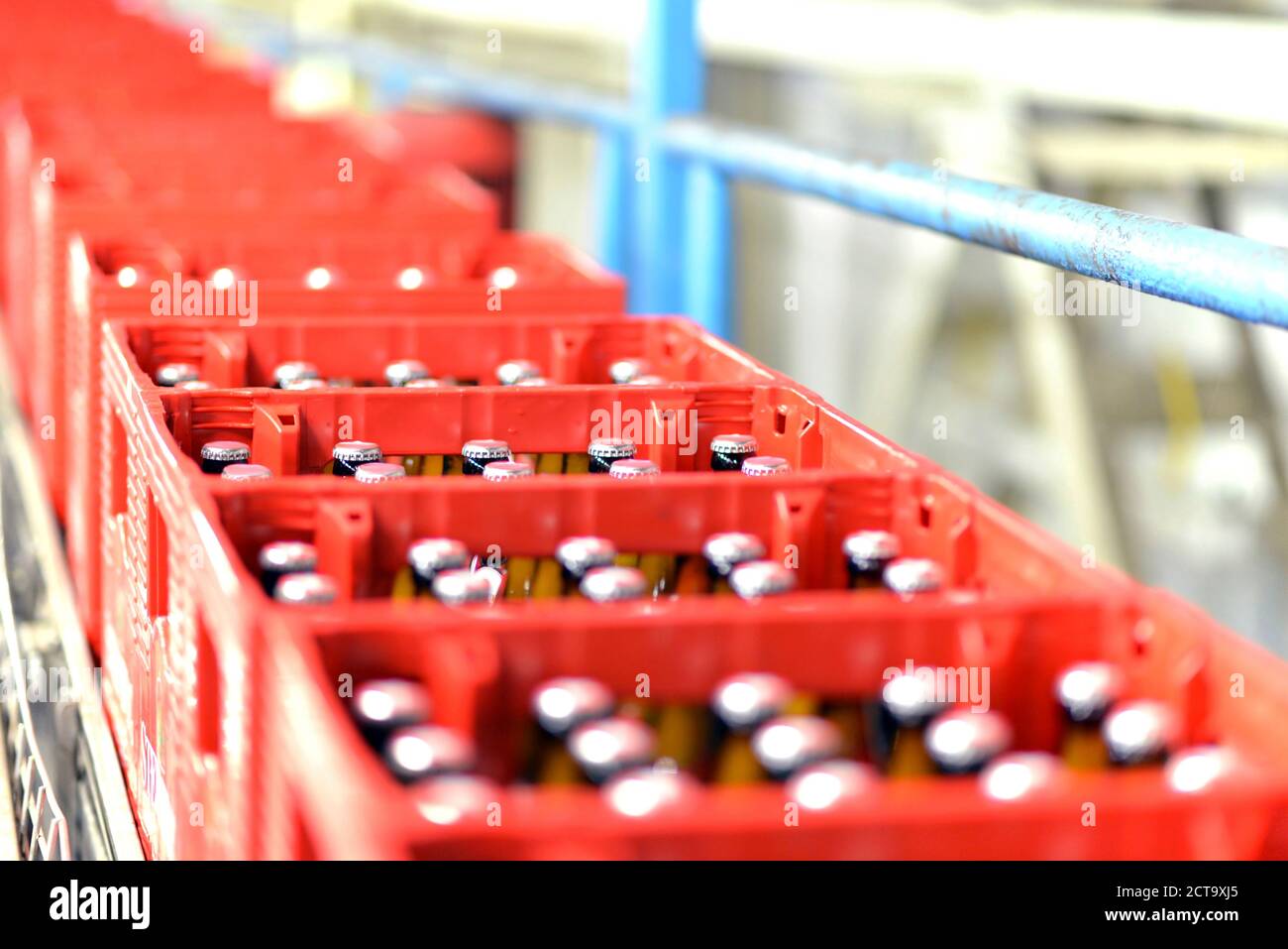 Beer crates on an assembly line of a brewery hires stock photography