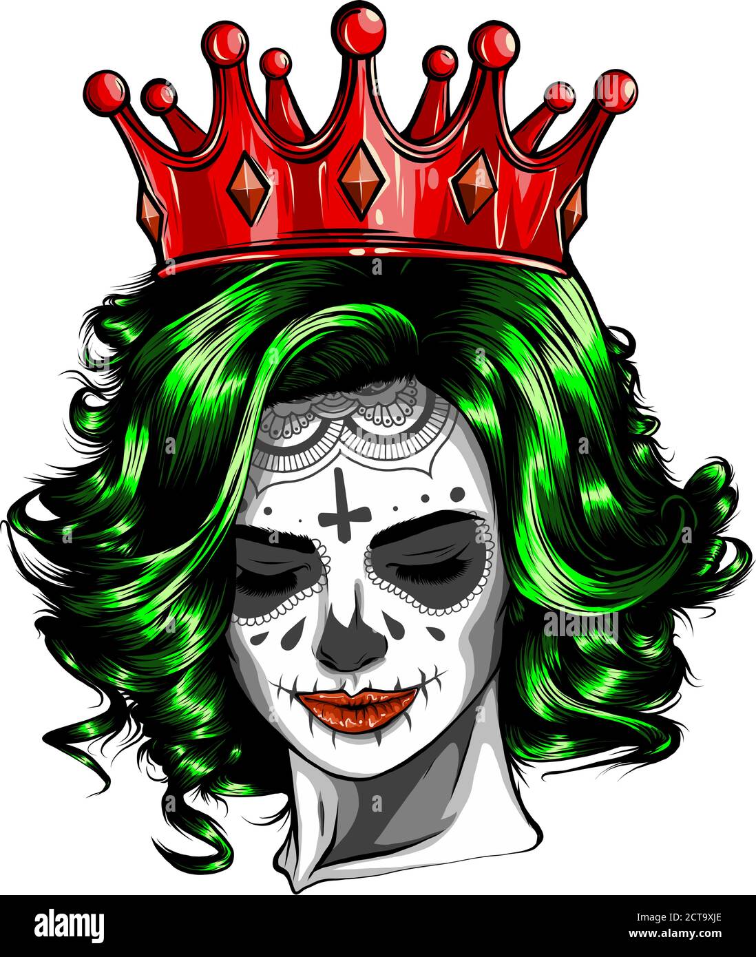 Female skull with a crown and long hair. Queen of death drawn in tattoo style. Vector. Stock Vector