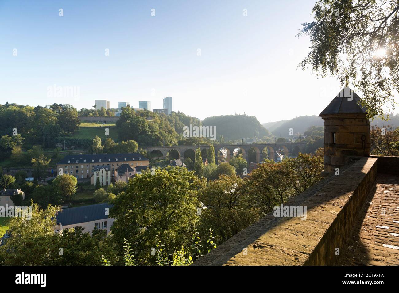 Luxembourg, Luxembourg City, View from Vauban, Fortress of Luxembourg over the Pfaffenthal valley and the district Kirchberg Stock Photo