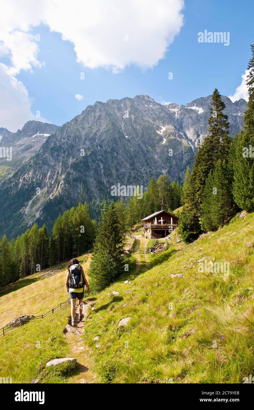 Italy, South Tyrol, Puster Valley, Antholz-Obertal, Staller Saddle, Woman hiking at Steinzgeralm Stock Photo