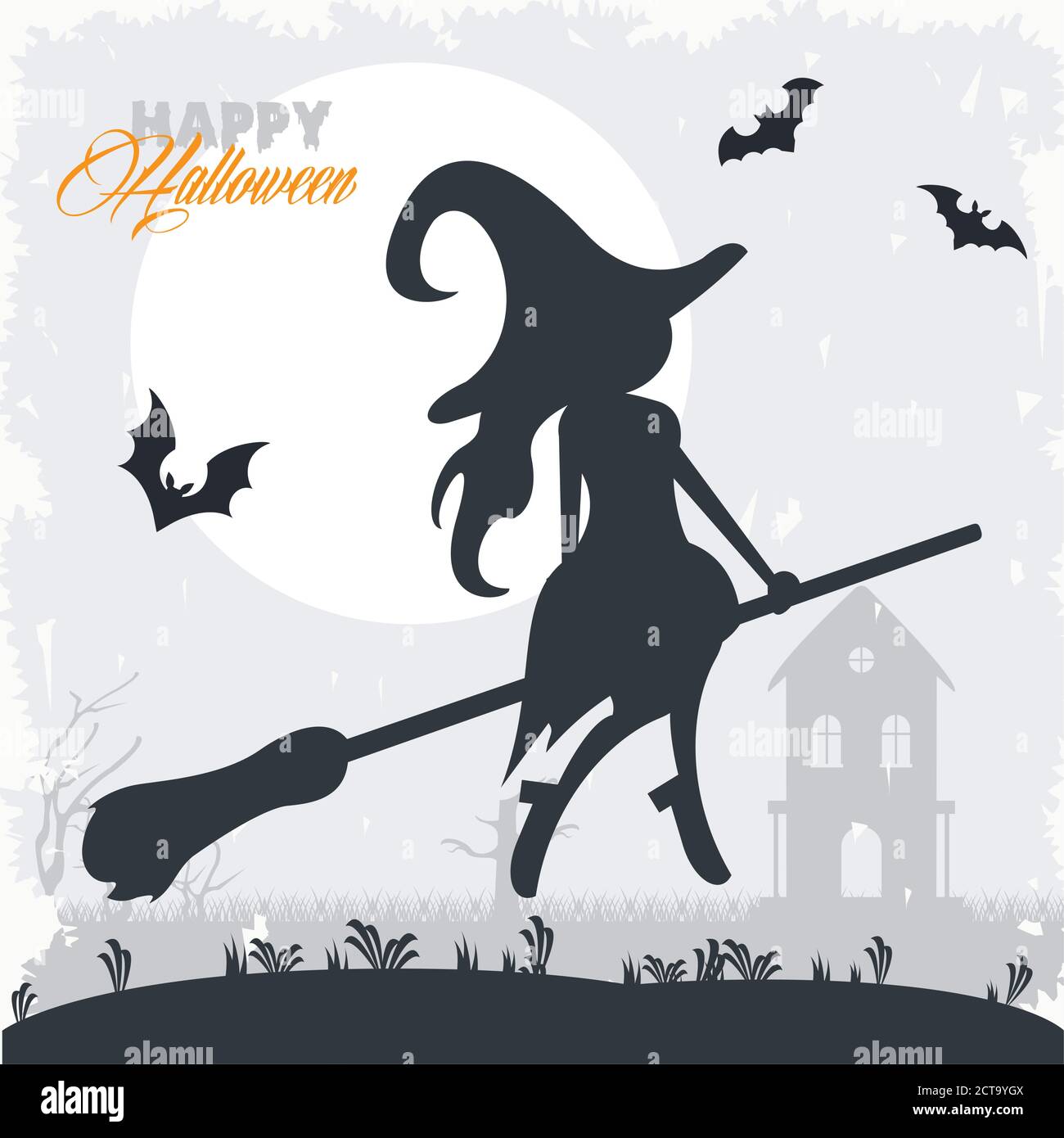 happy halloween celebration card with witch flying and bats vector ...