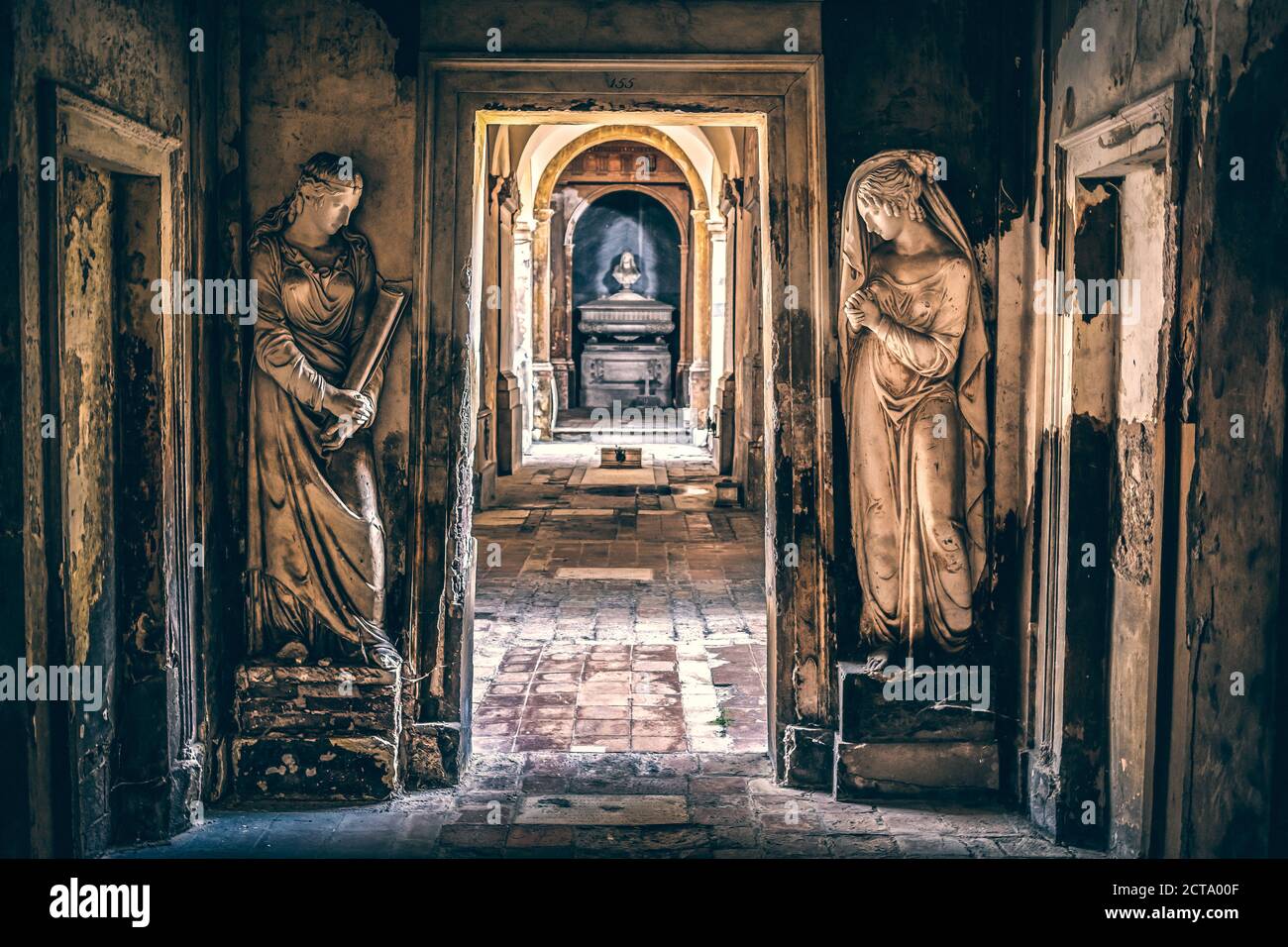 monumental cemetery symmetrical corridor background of mysterious places Stock Photo