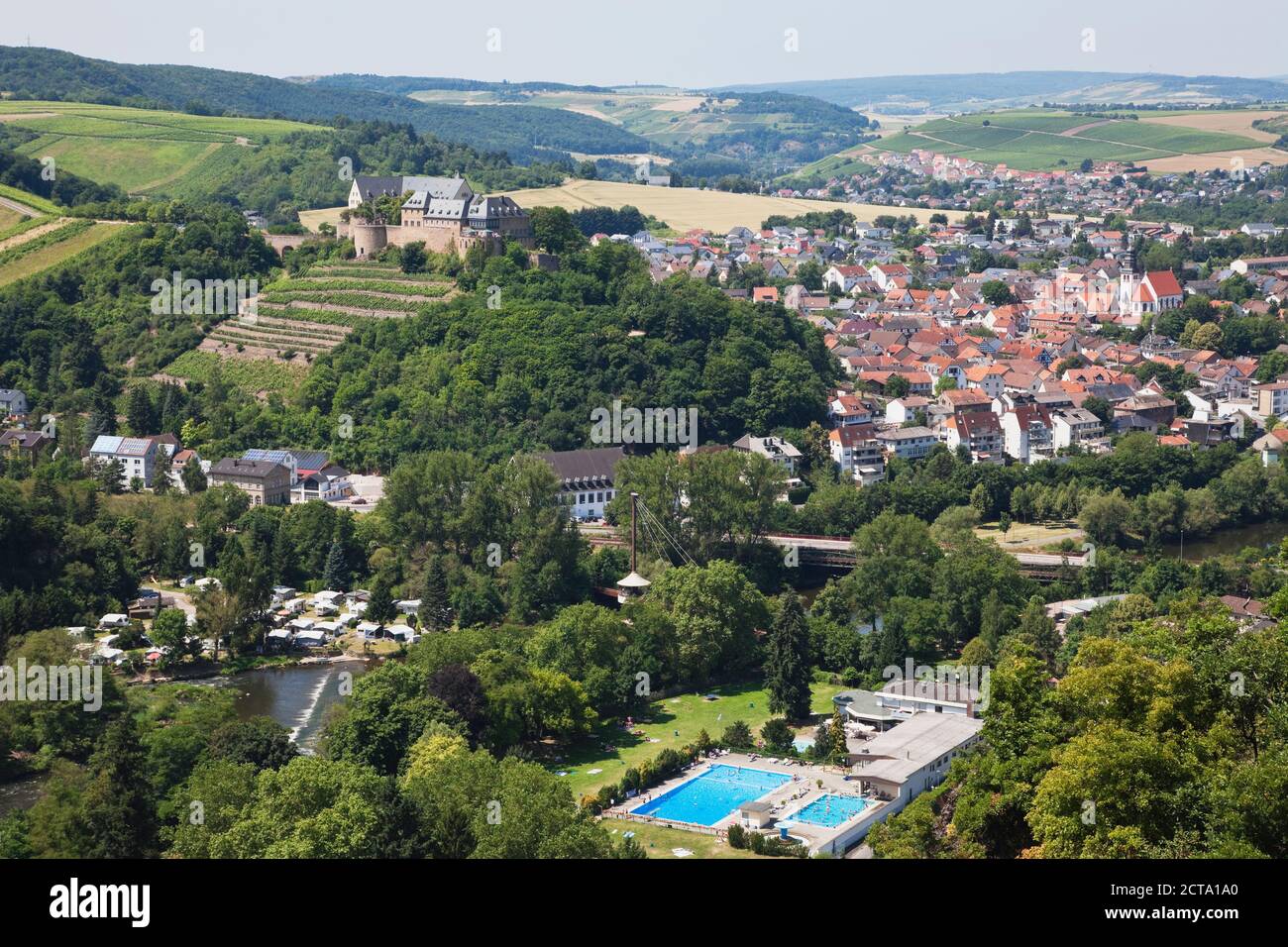 Germany, Rhineland-Palatinate, Bad Munster am Stein-Ebernburg, Ebernburg at Nahe river, open-air bath Stock Photo