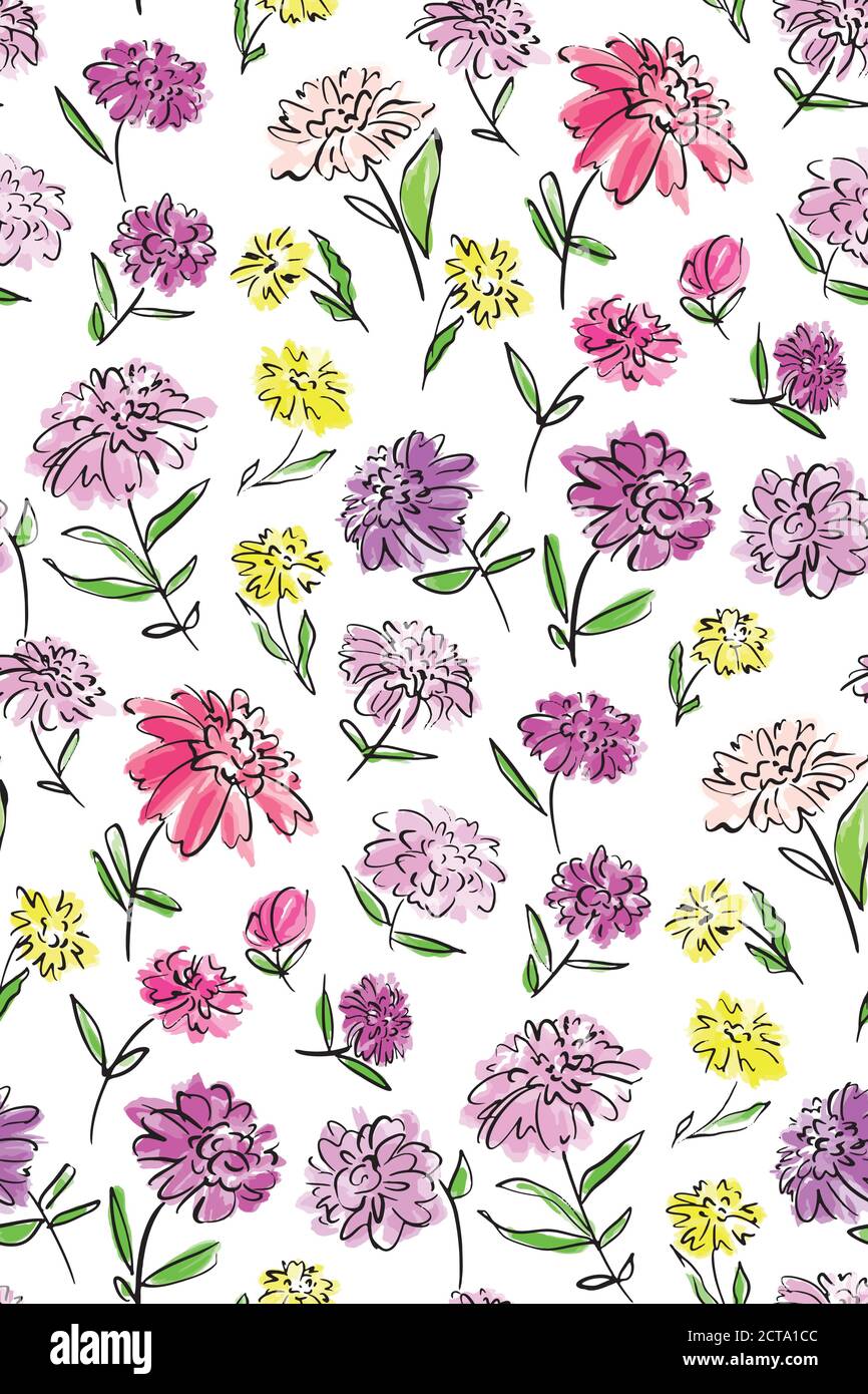 Floral seamless background pattern. Colorful spring flowers hand drawn ...