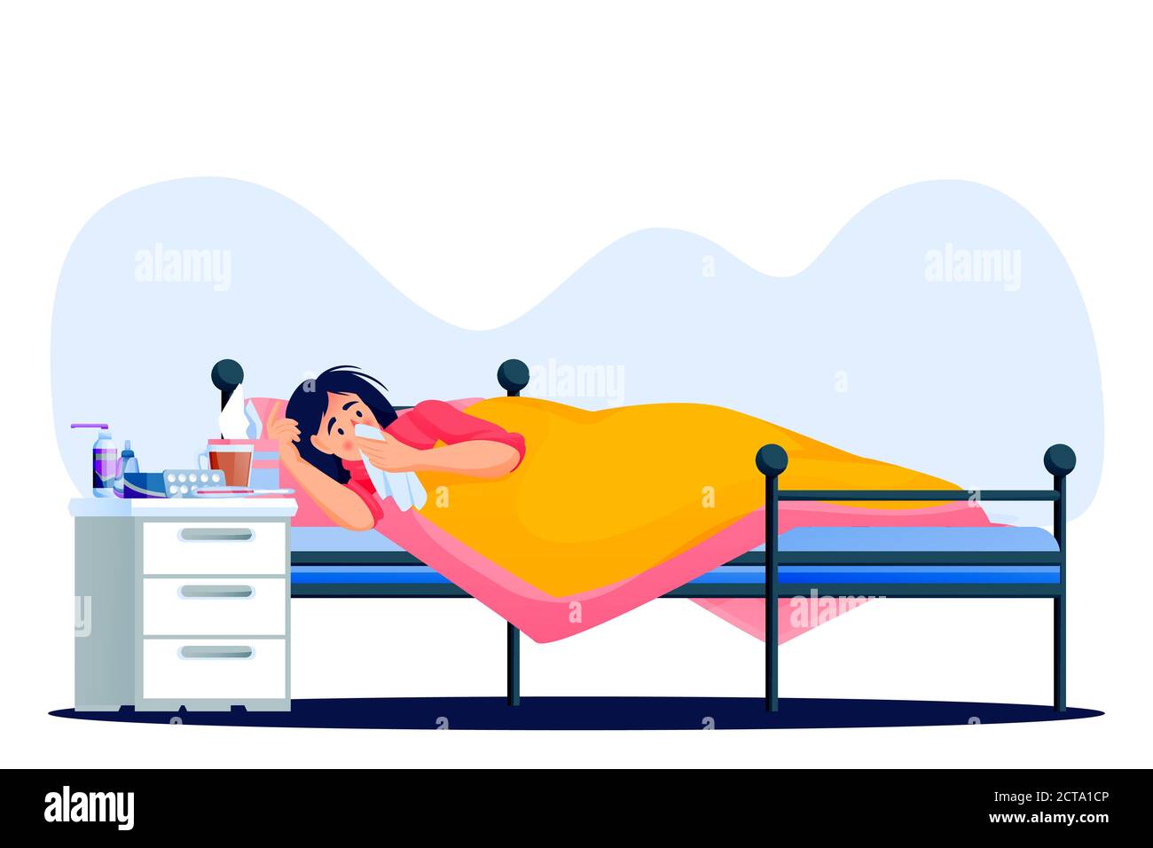 Flu sick woman lying in bed under blanket. Young girl have autumn or winter seasonal cold respiratory infection disease. Vector flat cartoon character Stock Vector