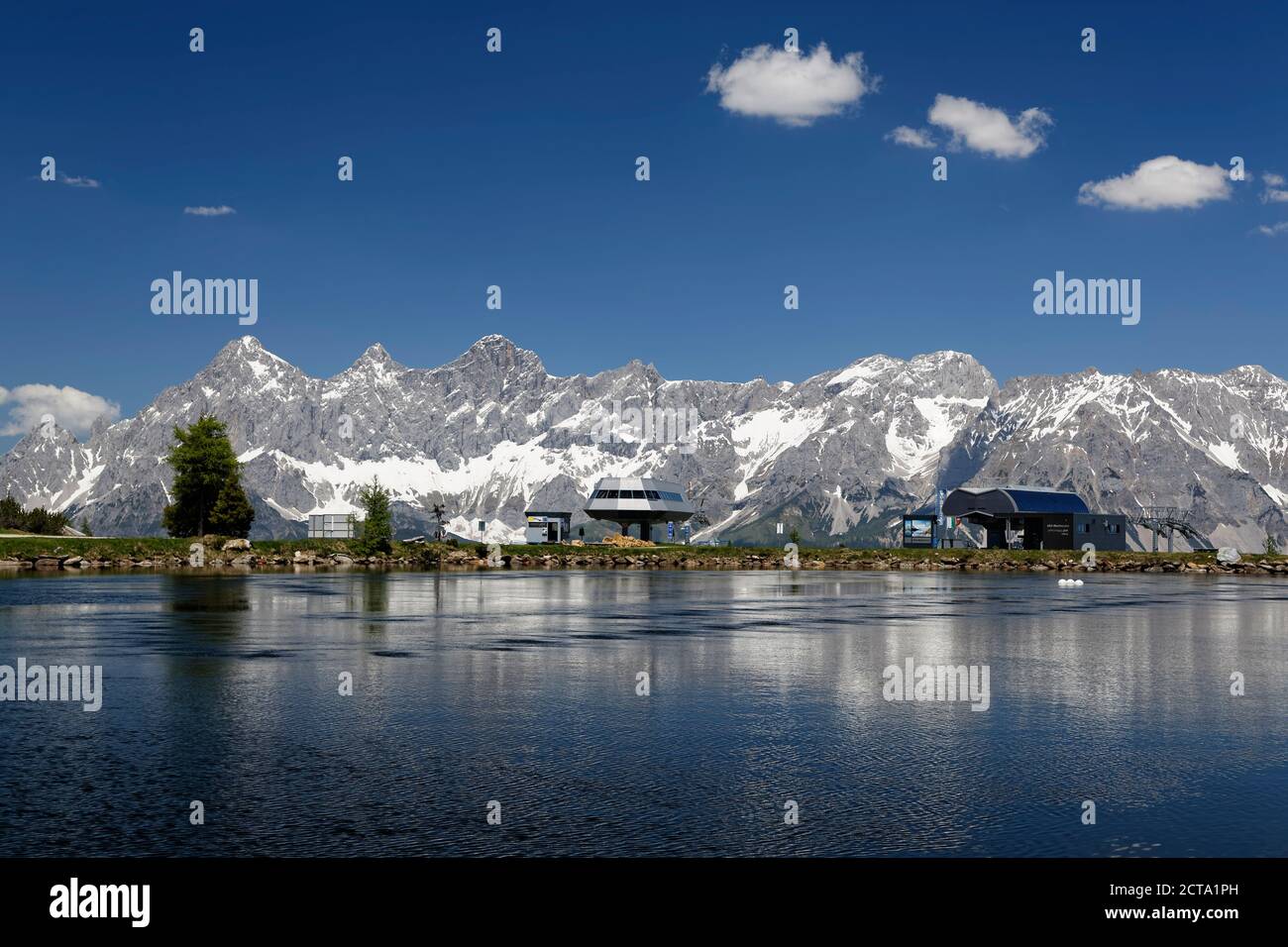Austria, Styria, Liezen District, Mountain Station, Lake Reiteralm, View to Dachstein Mountain Stock Photo