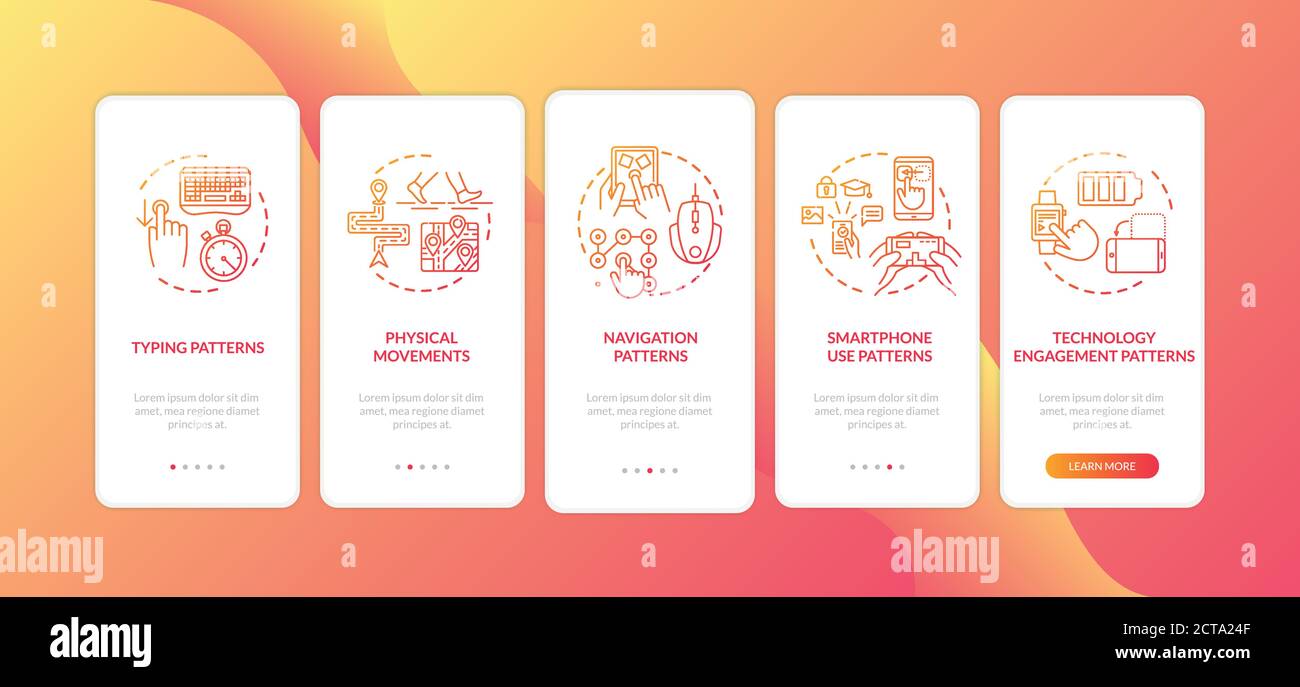Behavior metrics elements onboarding mobile app page screen with concepts Stock Vector