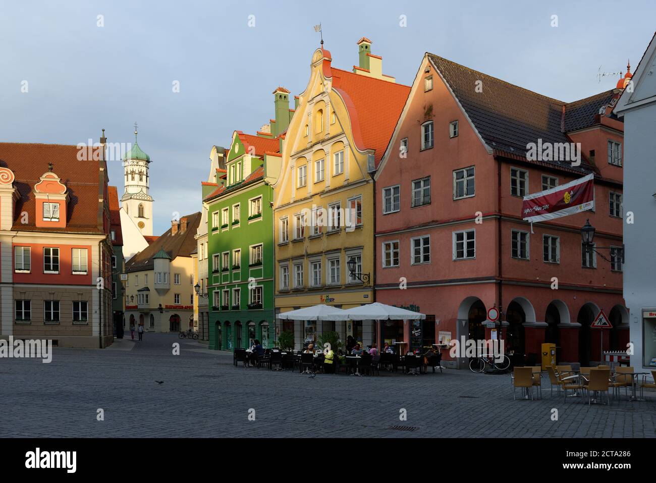 Germany, Bavaria, Memmingen, view to marketplace with church spire of monastery in the background Stock Photo