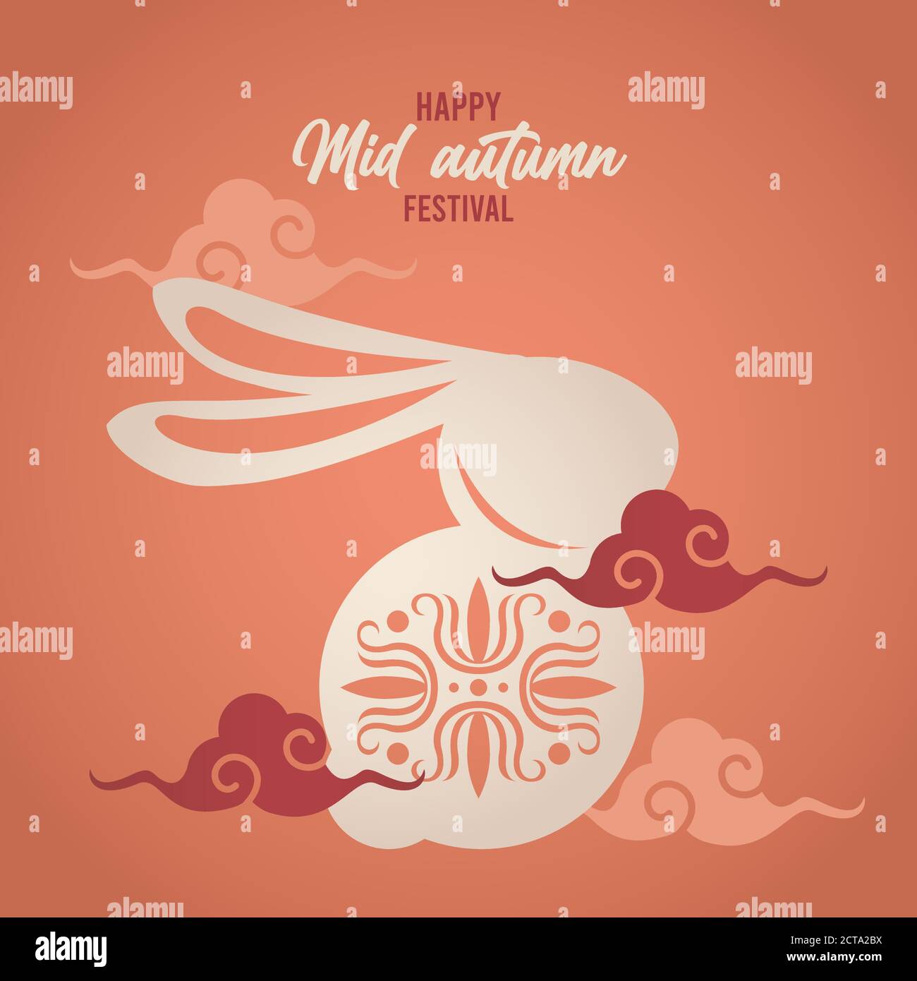 happy mid autumn lettering card with rabbit and clouds vector ...