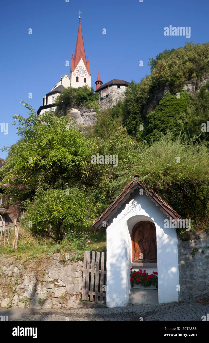 Austria,Vorarlberg, Rankweil, View of Fortified Liebfrauenbergkirche, wayside shrine, marterl Stock Photo