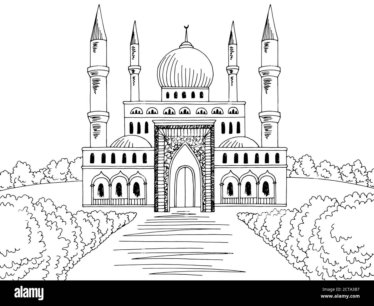 Mosque exterior graphic black white sketch illustration vector Stock Vector