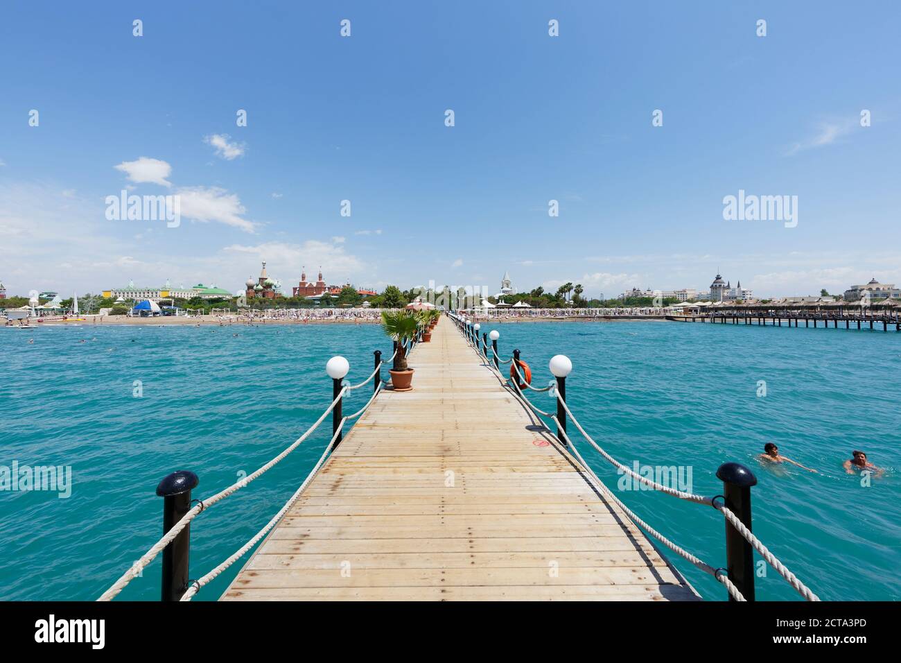 Turkey, Turkish Riviera, Antalya, Kundu, bathing jetty and Hotels Kremlin Palace, Topkapi Palace and Mardan Palace Stock Photo