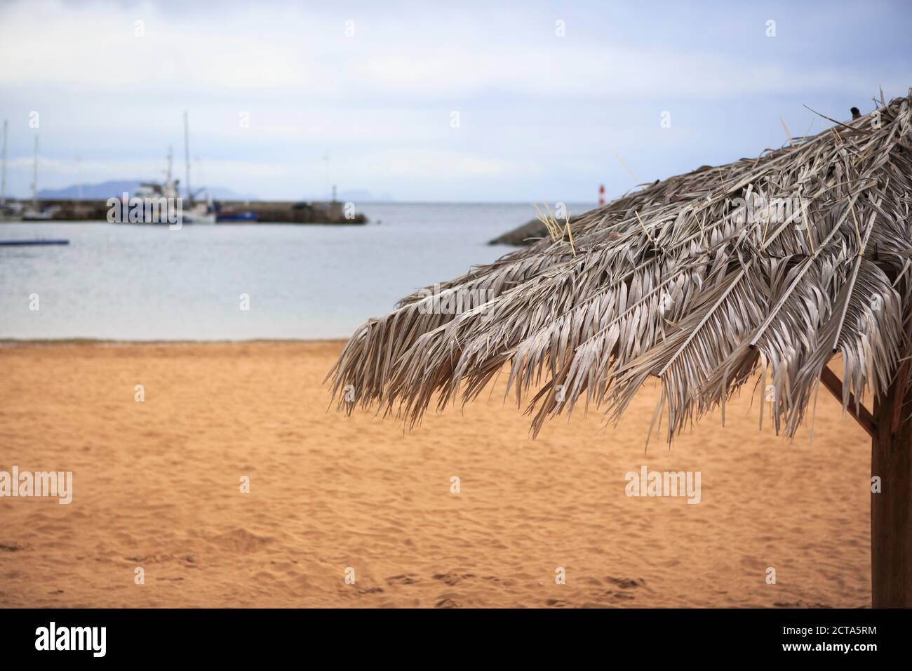 Portugal, Madeira, Machico, beach umbrella at Yellow beach Stock Photo