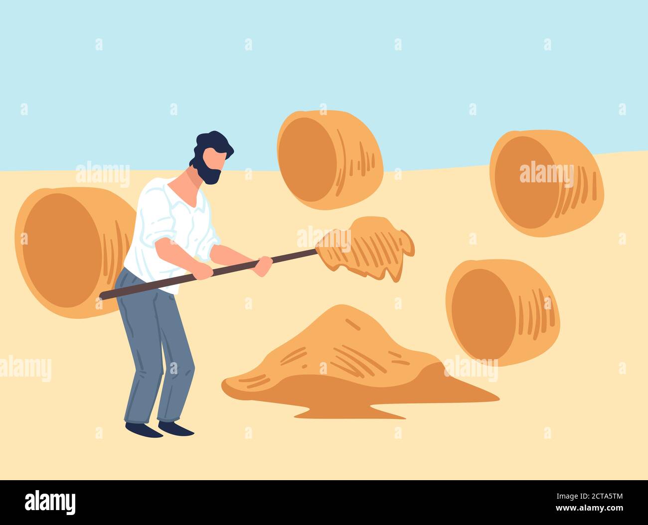 Farming man making hay bales from dry grass Stock Vector