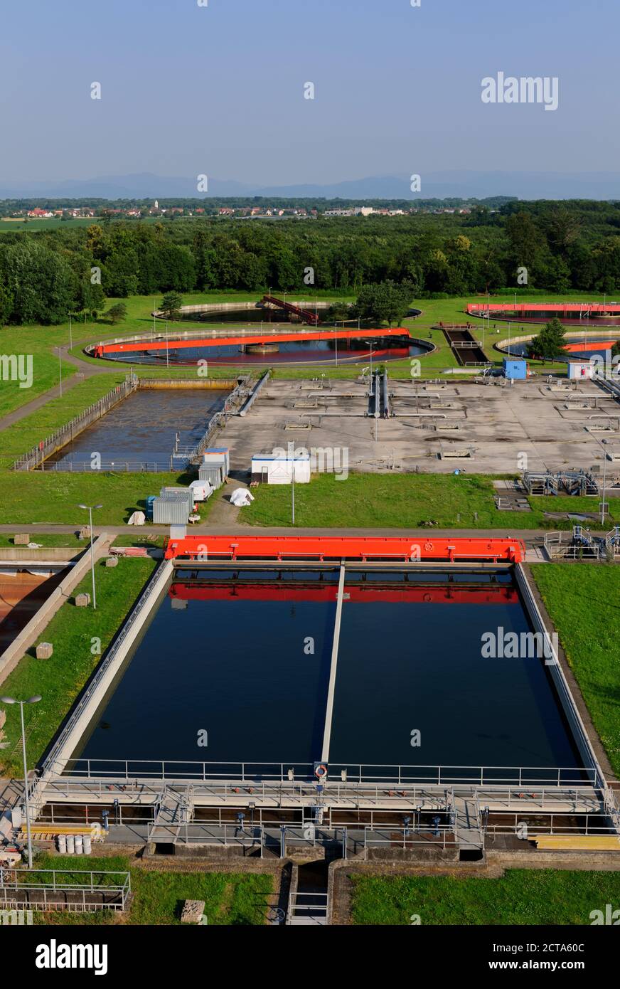 Germany, Baden Wuerttemberg, Ulm, View of sedimentation tanks on site of water treatment plant Stock Photo