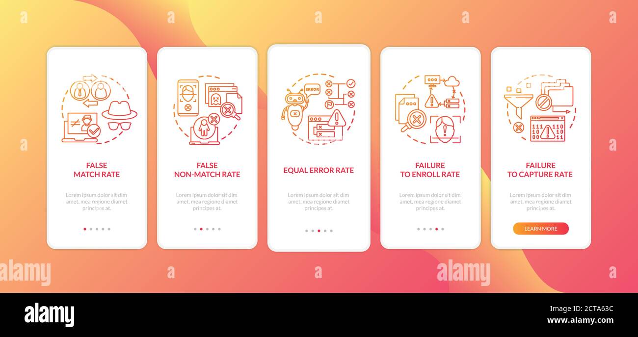 Biometric system performance analysis onboarding mobile app page screen with concepts Stock Vector