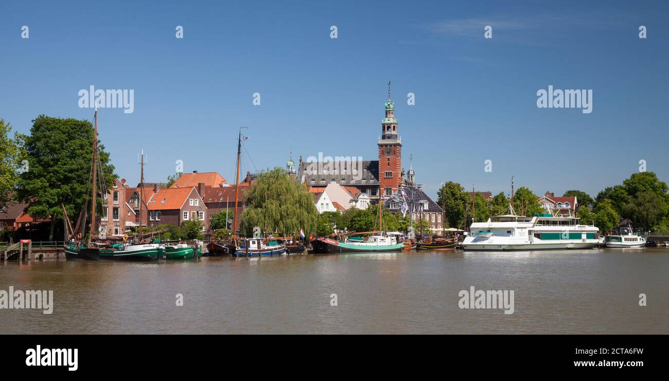 Germany, Lower Saxony, Leer, view to the city with museum harbour in front Stock Photo