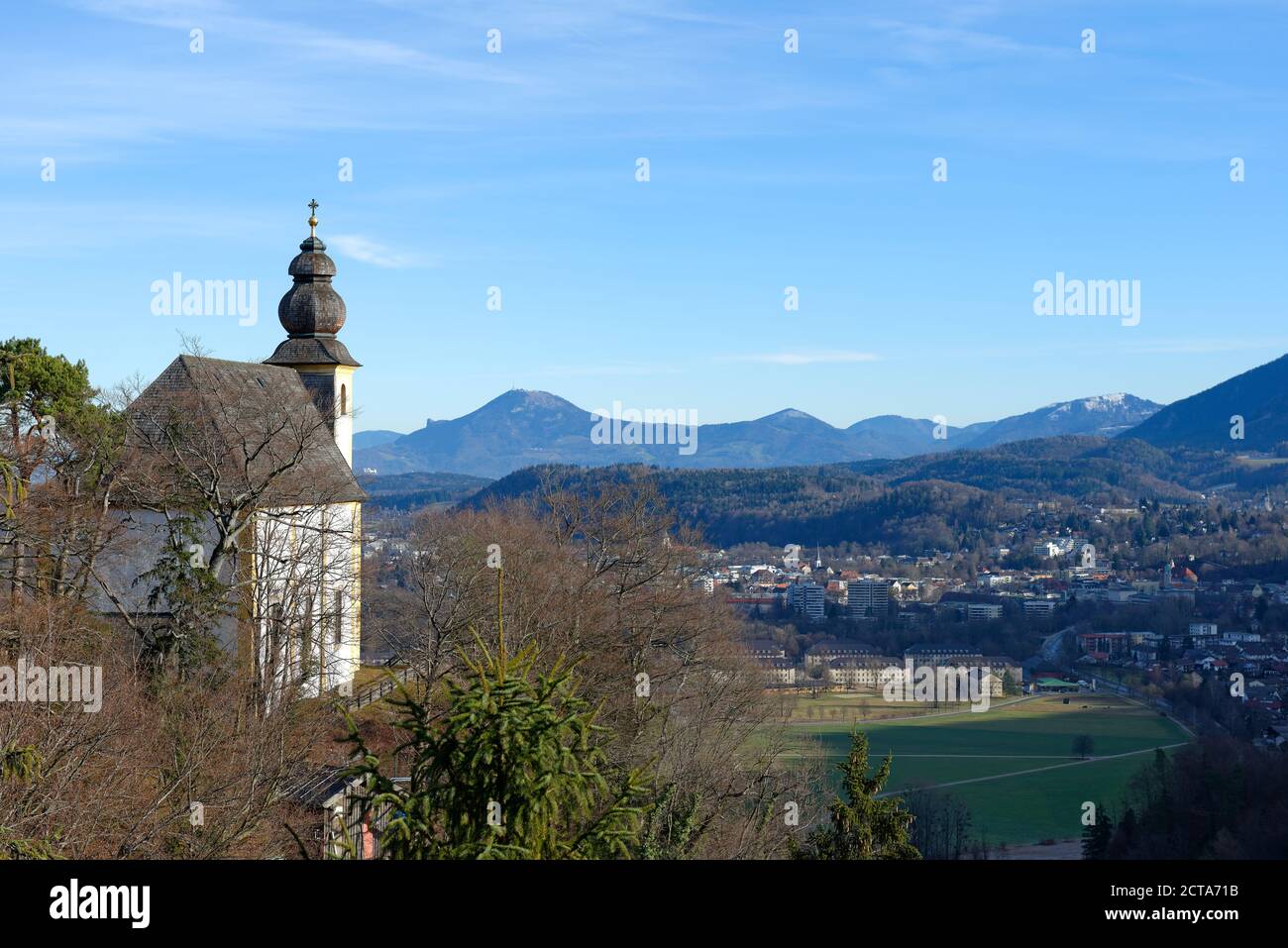Germany, Upper Bavaria, Church Saint Pankratius above the valley of  Bad Reichenhall in front of the Gaisberg Stock Photo