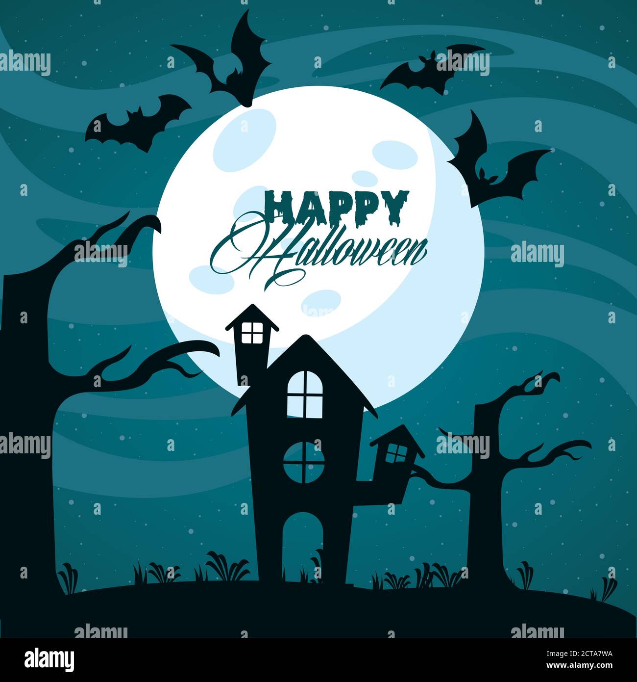 happy halloween celebration card with haunted house and bats flying ...