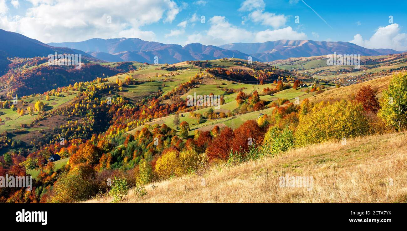 beautiful mountain landscape on a sunny day. wonderful countryside scenery in autumn season. rural fields and trees in colorful foliage on the distant Stock Photo