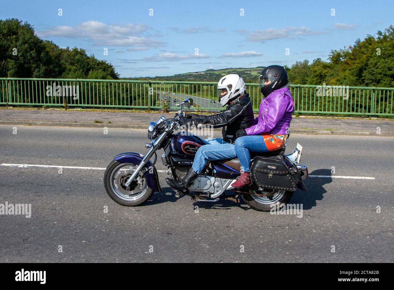 2018  Hyosung GV 125 CN; Motorbike rider; two wheeled transport, motorcycles, vehicle, roads, motorbikes, bike riders motoring in Chorley, UK Stock Photo