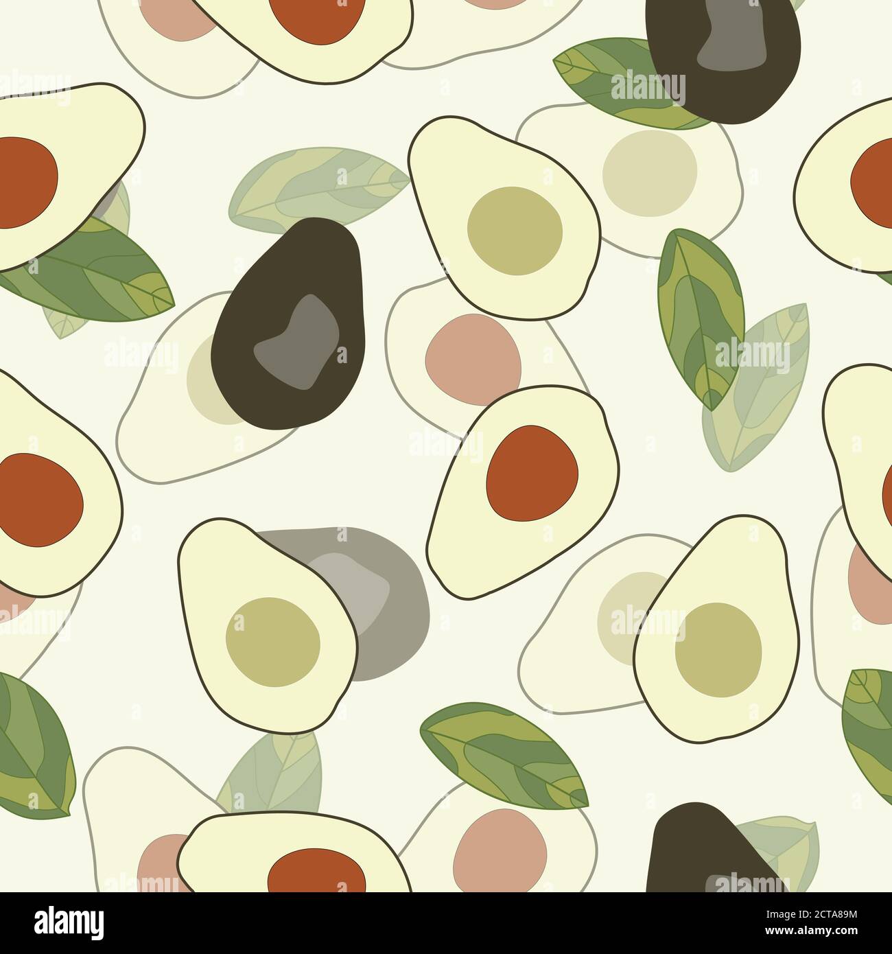 whole avocado and half avocado and seedless avocado and their leaves seamless pattern Stock Vector