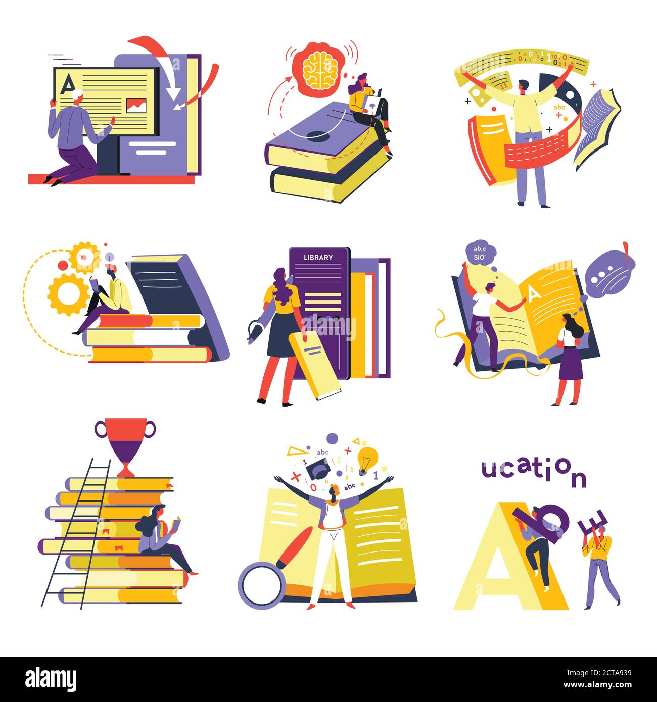 Education and knowledge obtaining, reading books and study online Stock Vector