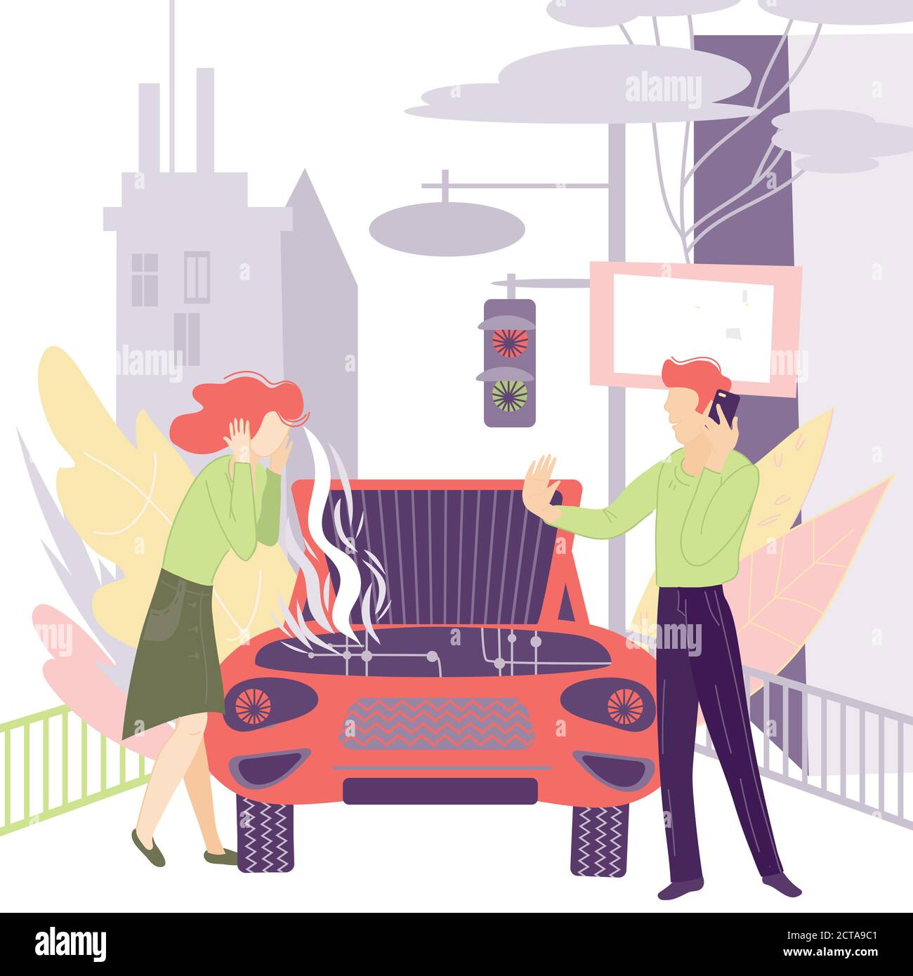 Woman shocked by car problems and man calling to car repair service