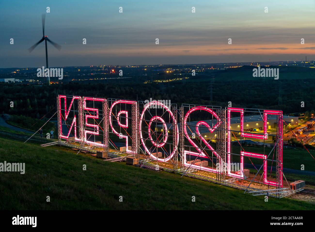 Light installation H2OPEN, of the Regionalverband Ruhr, advertising the Hydrogen Center Herten and promoting the future openness of the Ruhr area, on Stock Photo