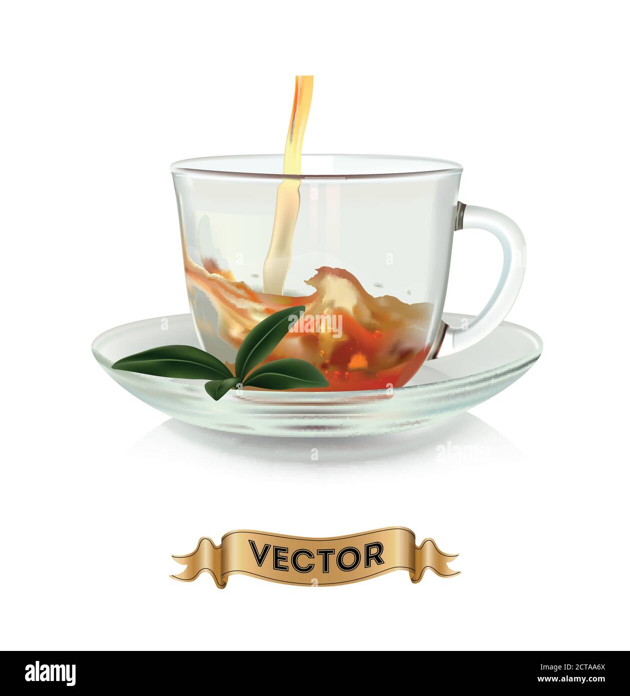 Cups of tea with green leaves on white background, realistic vector illustration Stock Vector