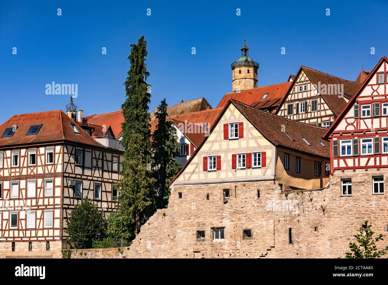 The historic old town of Schwaebisch Hall is well preserved and consists of a large number of half-timbered houses Stock Photo