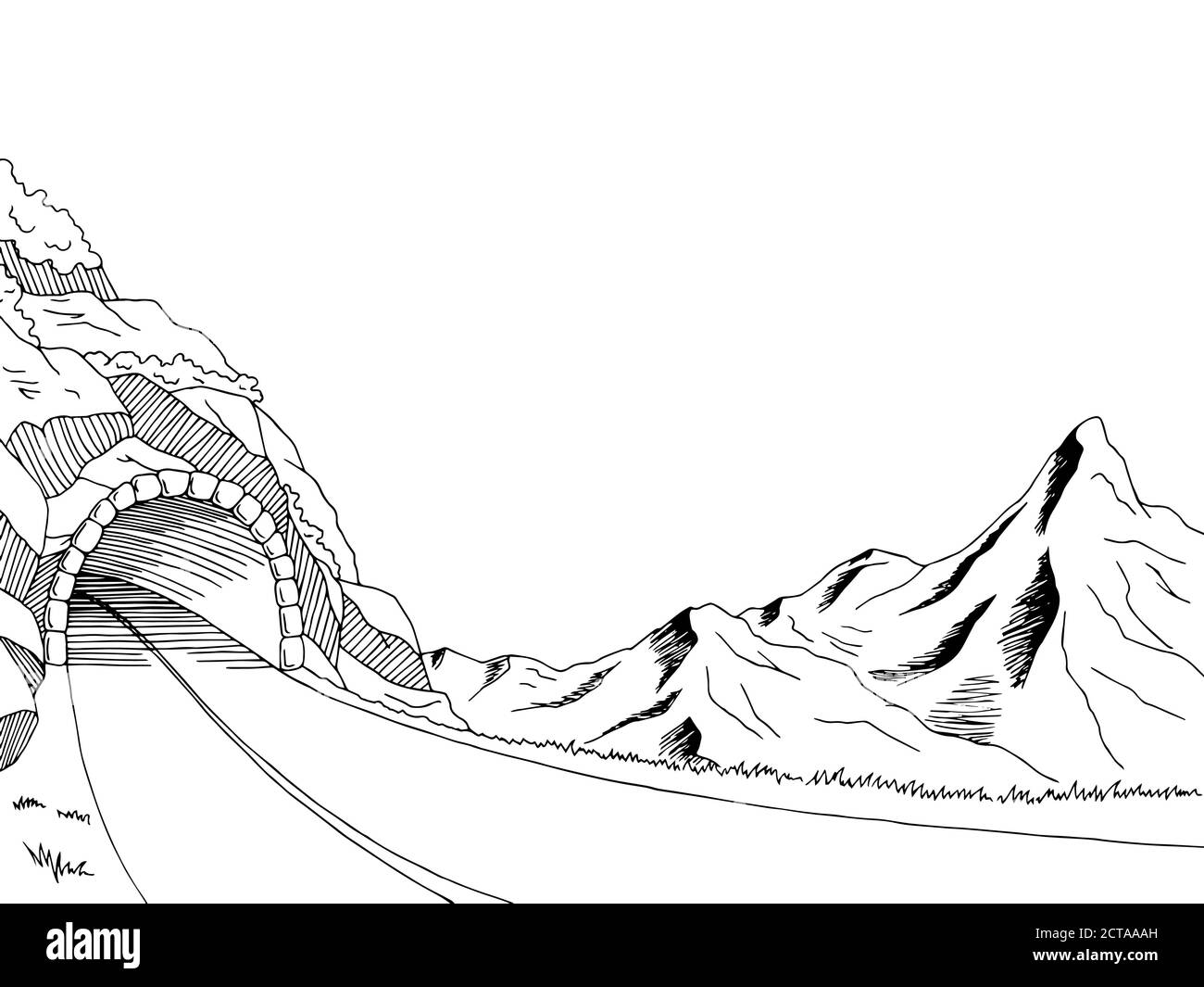 Mountain road tunnel graphic art black white landscape sketch illustration vector Stock Vector