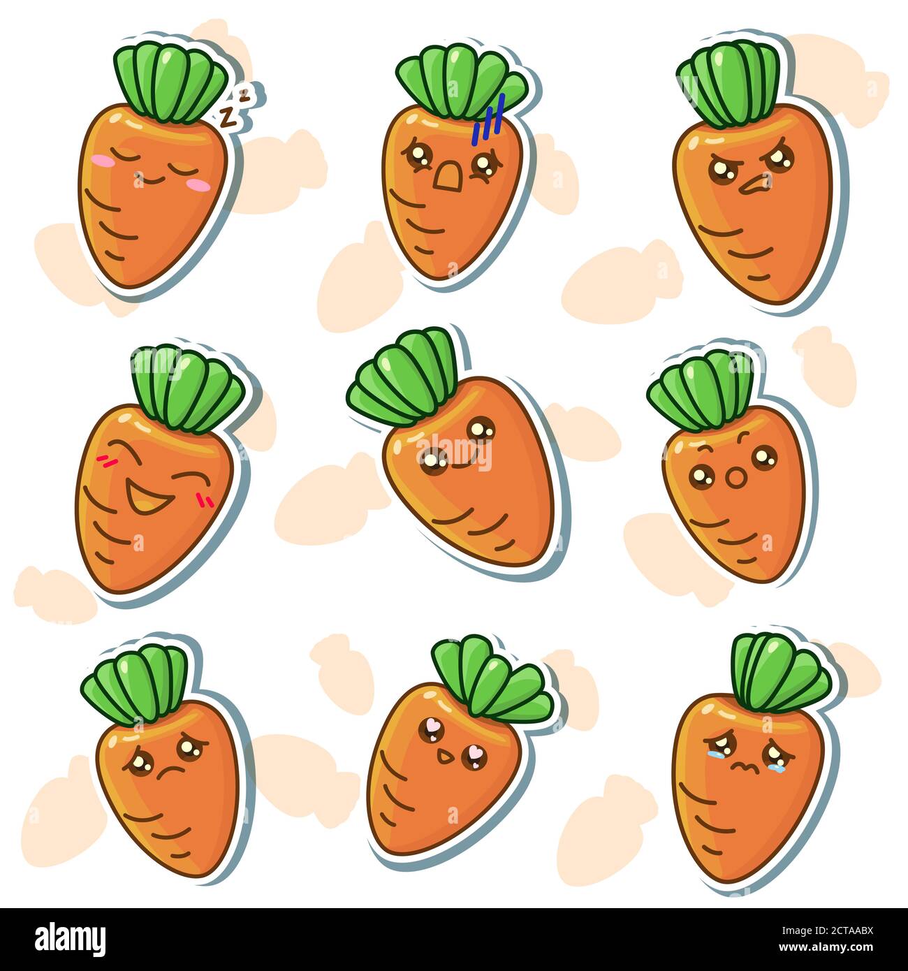 Carrot sticker set on white isolated backdrop. Healthy food emoji for social media network logo, postcard or notebook sticker. Phone case or cloth pri Stock Vector