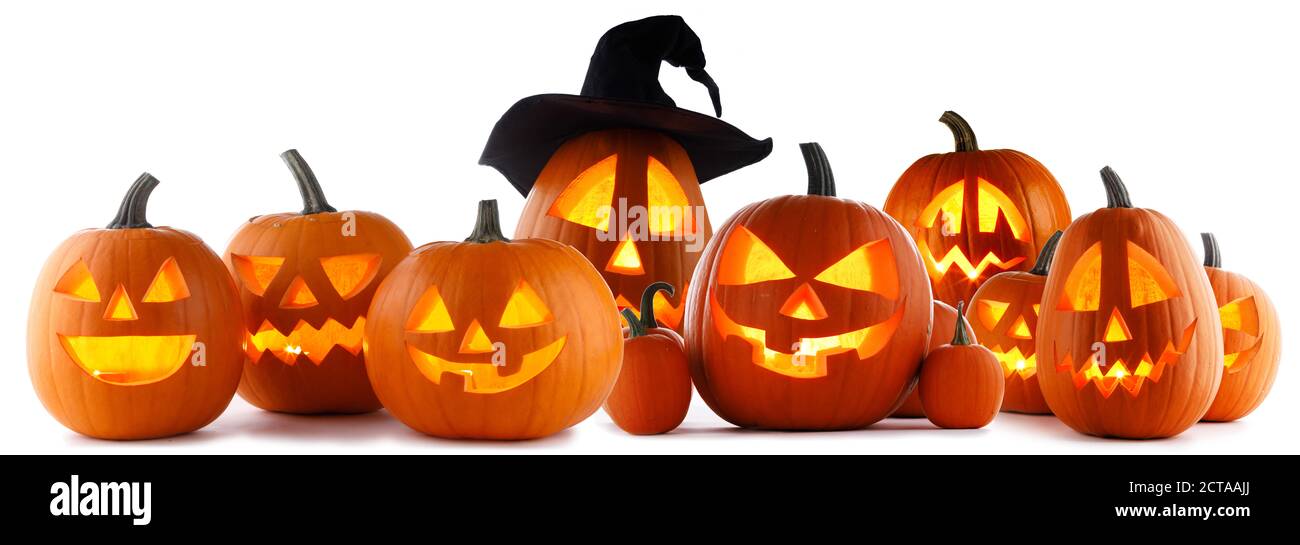 A collection of Jack O Lantern Halloween pumpkins with various ...