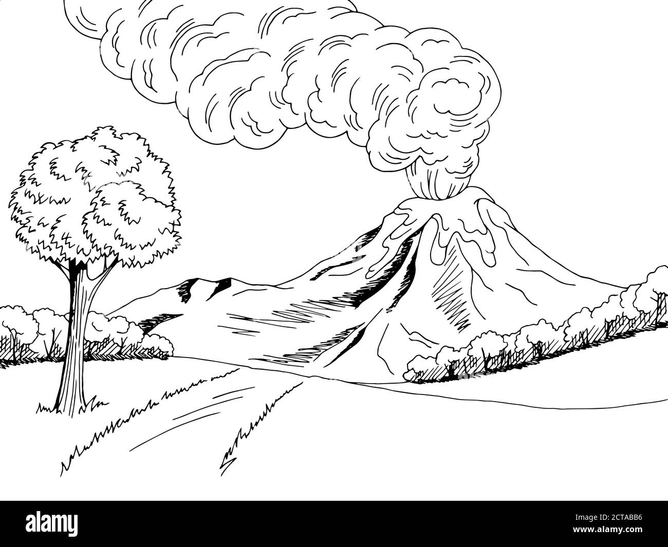 Volcano mountain hill road graphic art black white sketch landscape illustration vector Stock Vector
