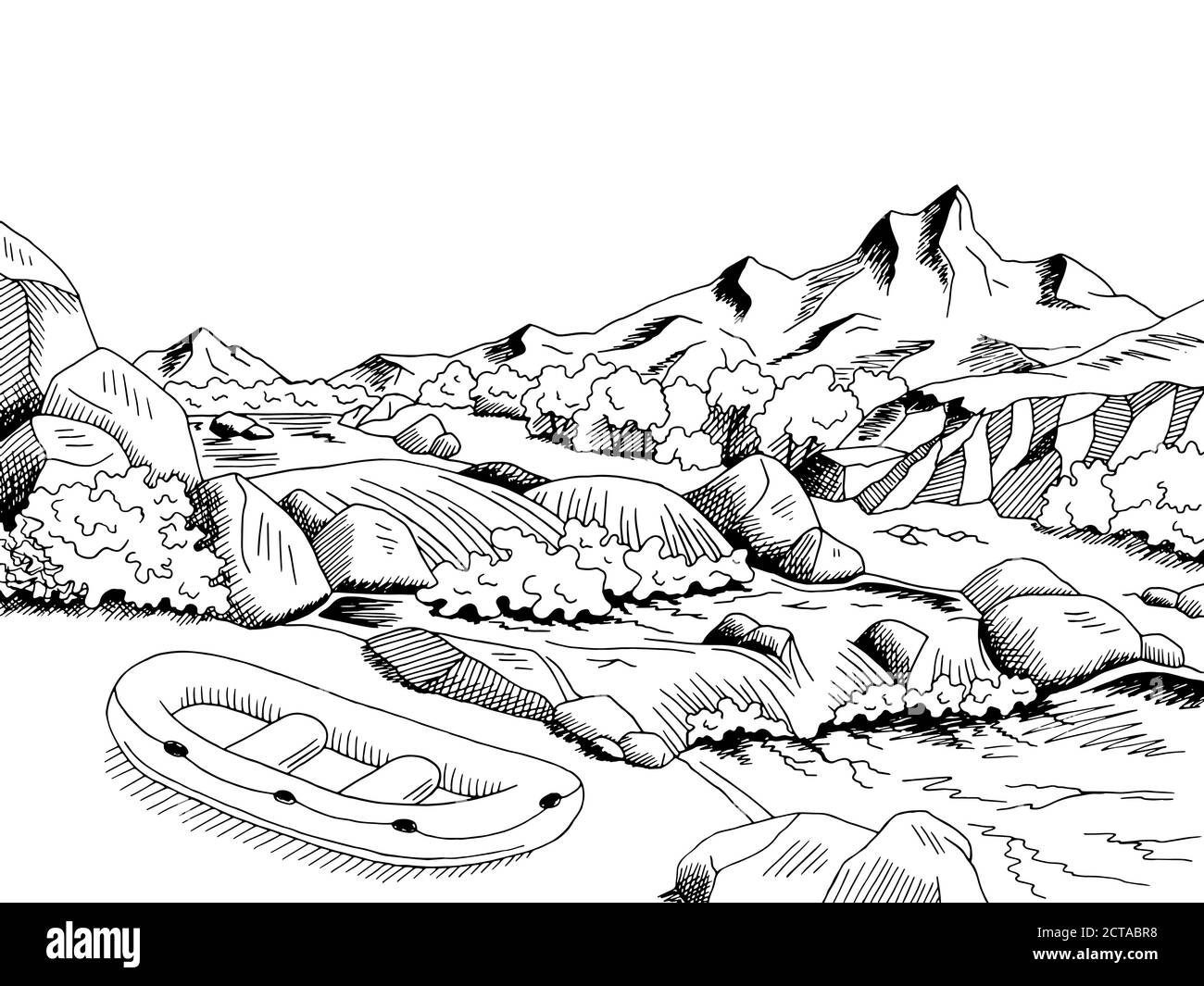 Raft river mountain boat graphic art black white landscape sketch illustration vector Stock Vector