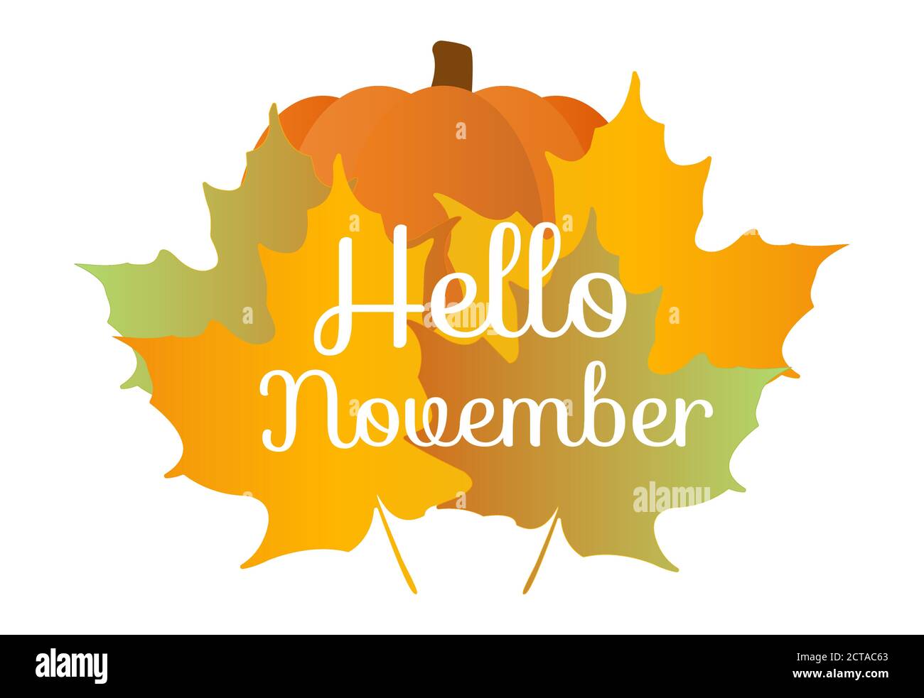 Hello November quote with orange maple leafes and pumpkin isolated illustration Stock Vector