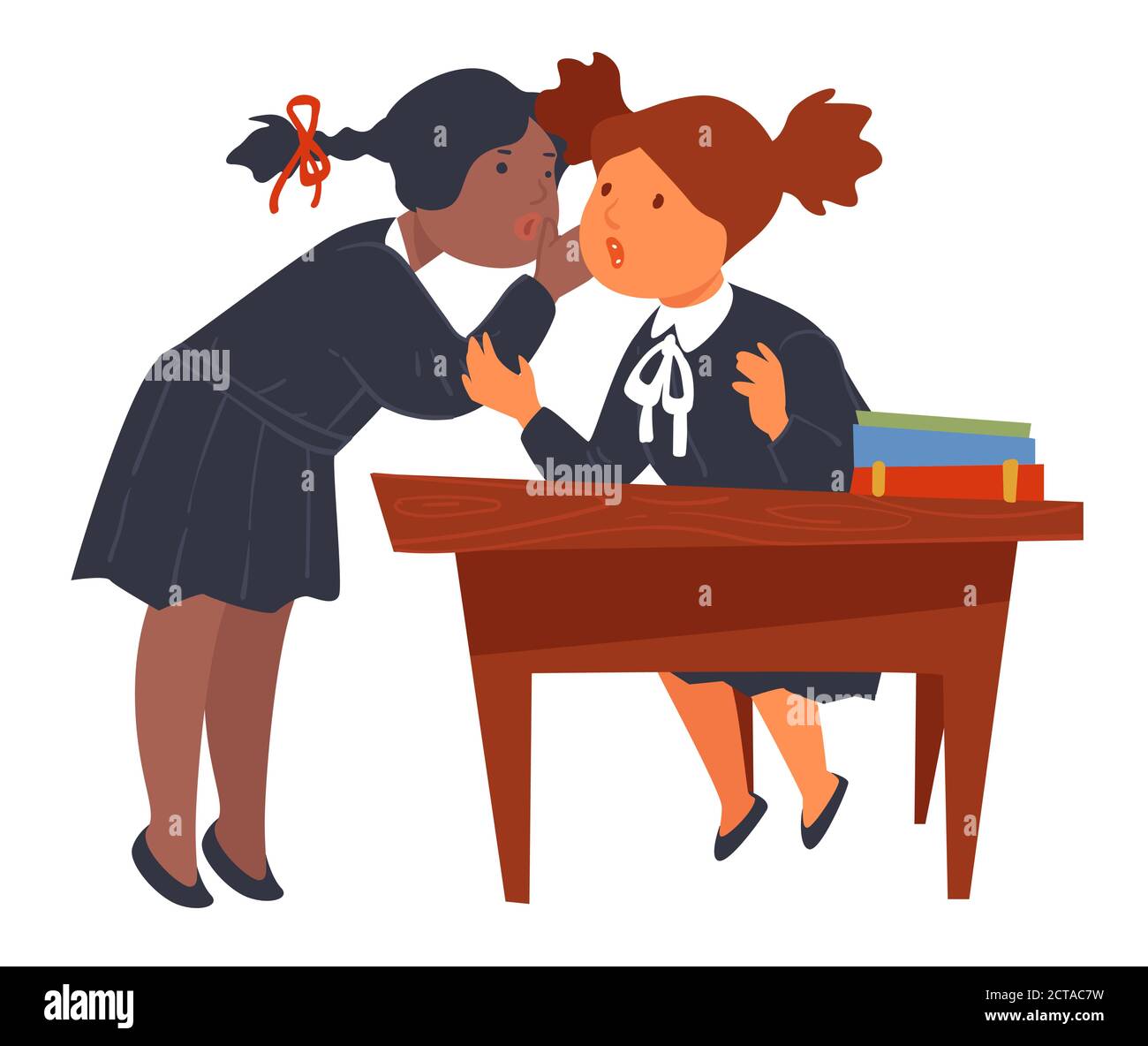 Female friends gossiping in school, pupils at desk Stock Vector