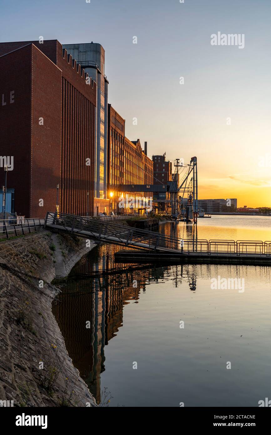 The Inner Harbor, a historic inland port, in Duisburg, Building Küppersmühle, MKM Museum Küppersmühle for Modern Art, and Werhahn-Mühle former Mill, G Stock Photo