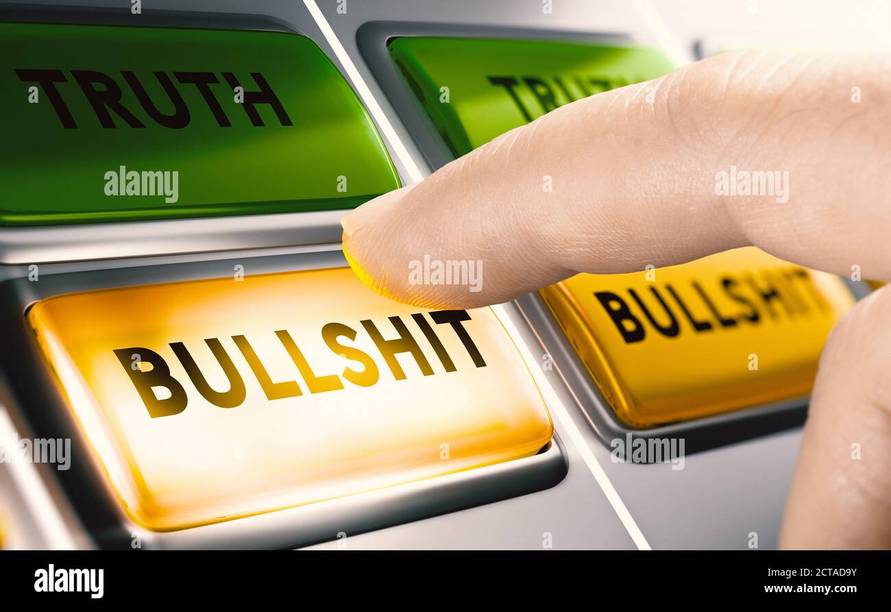 Finger pressing a yellow bullshit button to  report fake news. Disinformation or misinformation concept. Composite image between a hand photography an Stock Photo