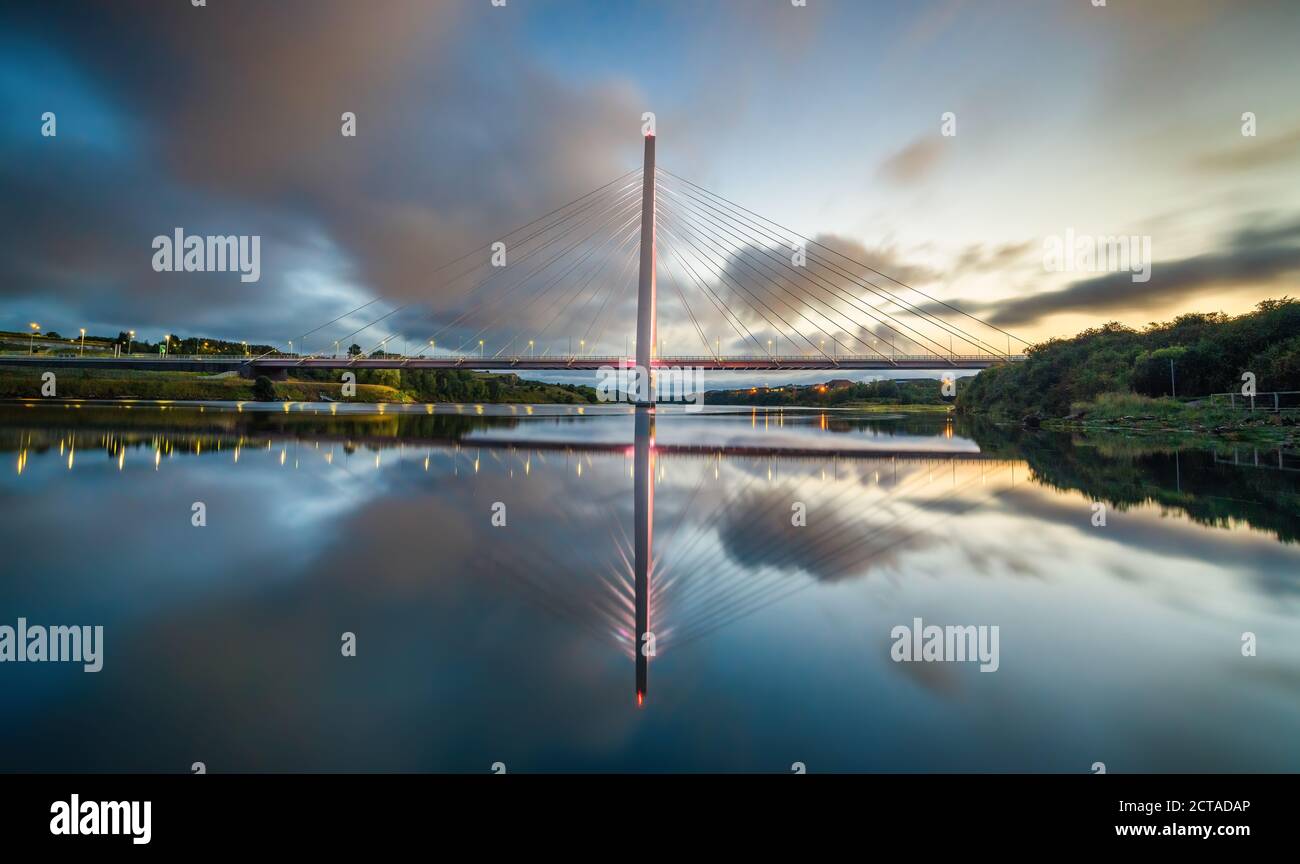 A long exposure sunset of the new Northern Spire bridge spanning the river Wear in Sunderland. Stock Photo