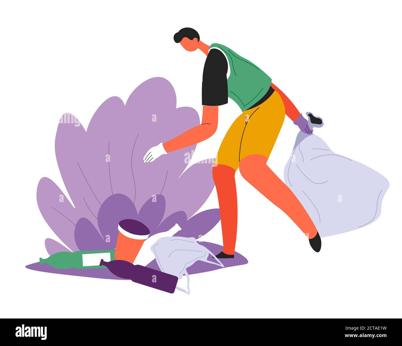 Eco activist or volunteer collecting litter in bushes Stock Vector