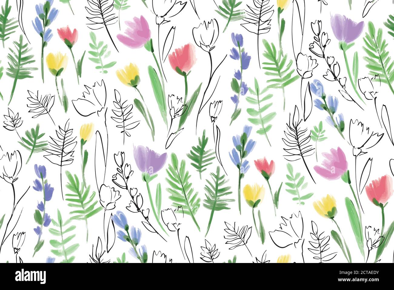 Floral seamless background pattern. Colorful spring flowers hand drawn ...