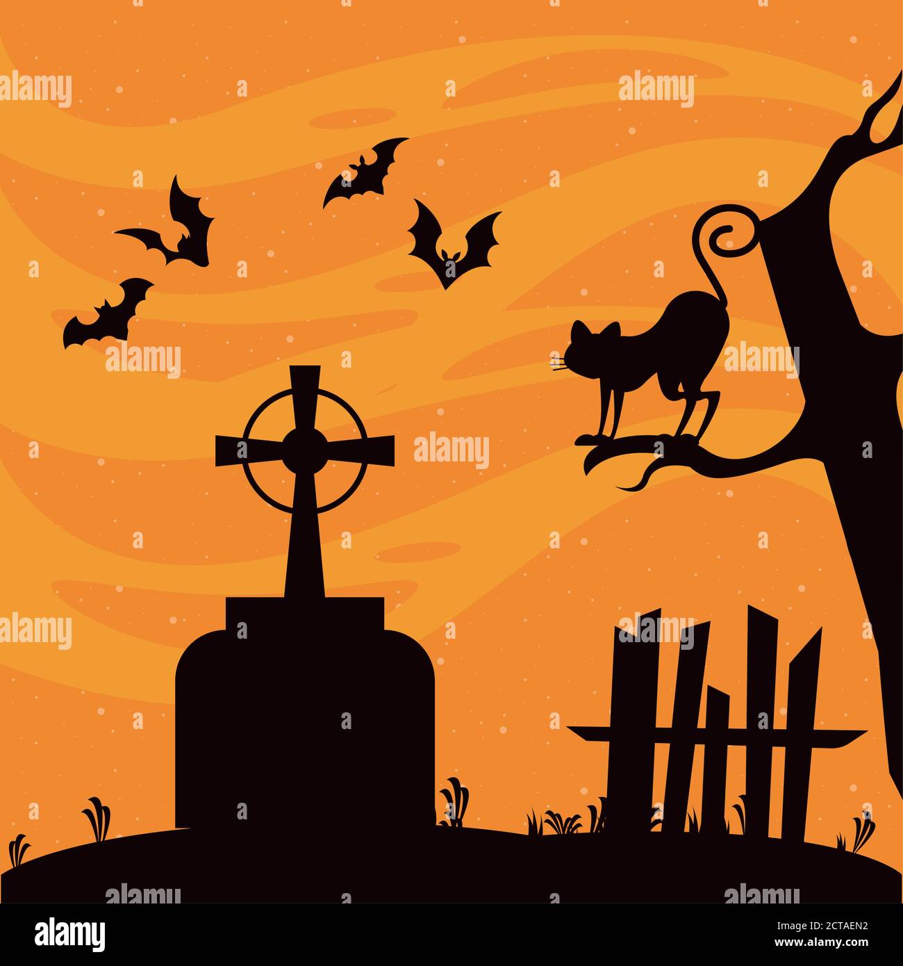 happy halloween celebration card with bats flying and cat in cemetery ...