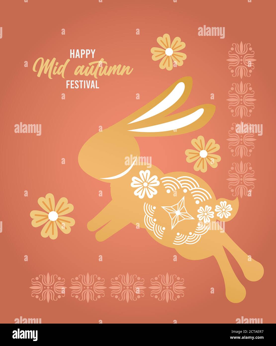happy mid autumn lettering card with rabbit and flowers vector ...
